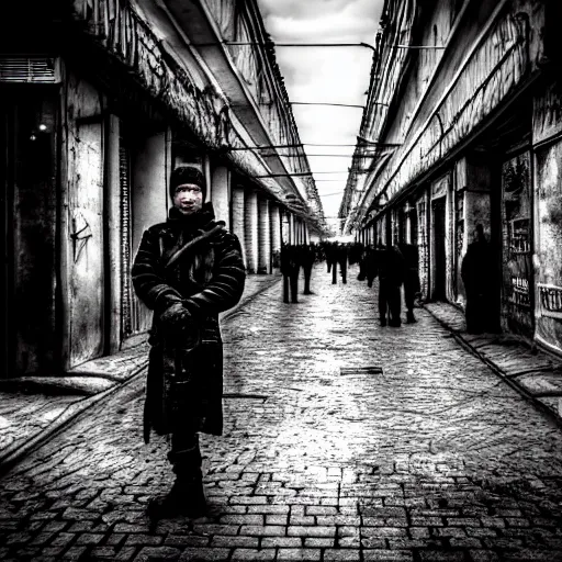 Image similar to Street photo gritty portrait in a crowded city on another planet, Neo Norilsk, Neo Kyiv, sci-fi, fantasy, intricate, very very beautiful, elegant, highly detailed, high contrast, shadows, smooth, photorealistic, cinematic, Unreal Engine 5, sharp focus, by Evgeny Zubkov, by Marat Zakirov, trending on Behance
