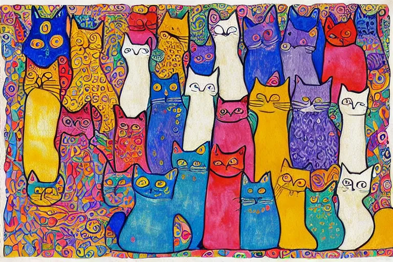 Image similar to beautiful art illustration of a group of cats by laurel burch, highly detailed