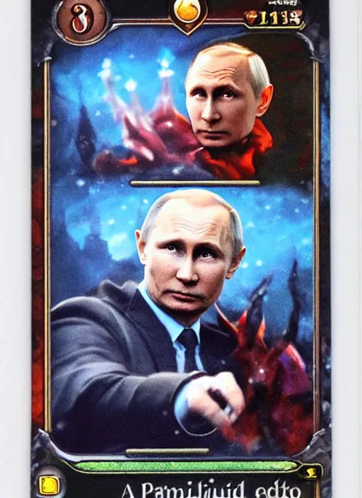 Image similar to a fully photographed magic the gathering card, depicting vladimir putin as a wizzard, 8 k