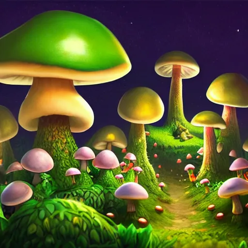 Prompt: mushroom kingdom from mario, digital art, giant green and white spotted mushrooms, at night, exotic flowers and plants, sprites, irina french, heraldo ortega, mandy jurgens trending on artstation 8 k 1 5 0 mpx