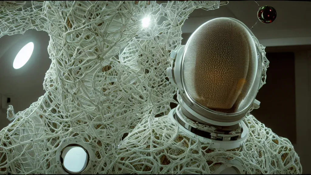 Image similar to a cybernetic symbiosis of a single astronaut eva suit made of wearing knitted yarn thread infected with diamond 3d fractal lace iridescent bubble 3d skin covered with insectoid compound eye camera lenses floats through the living room, film still from the movie directed by Denis Villeneuve with art direction by Salvador Dalí, wide lens,