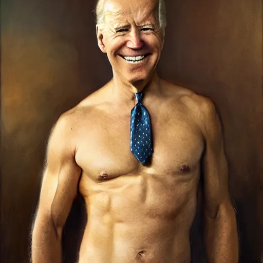 Prompt: Joe Biden with an shredded, toned, inverted triangle body type, painting by Gaston Bussiere, Craig Mullins, XF IQ4, 150MP, 50mm, F1.4, ISO 200, 1/160s, natural light