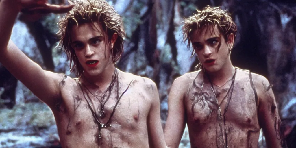 Image similar to a film still of Robert Pattison in Lost Boys, high quality