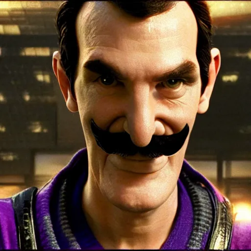 Image similar to dramatic cyberpunk waluigi portrait film still from the movie directed by Denis Villeneuve 8k high def realistic photo