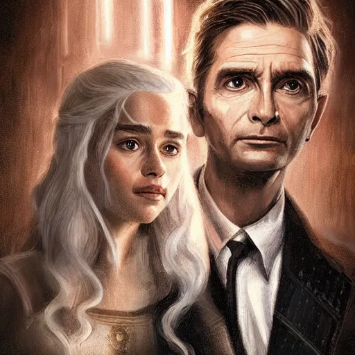 Image similar to daenerys targaryen with david tennant as tenth doctor who in tavern, highly detailed, sharp focus, digital art, defined facial features, symmetrical facial features, close up, art by greg rutkowski