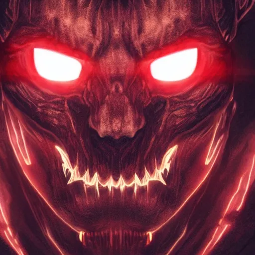 Prompt: portrait of an intimidating glowing scary giant, face and skin is dark red, glowing eyes, glowing veins of white, hero, villain, concept art