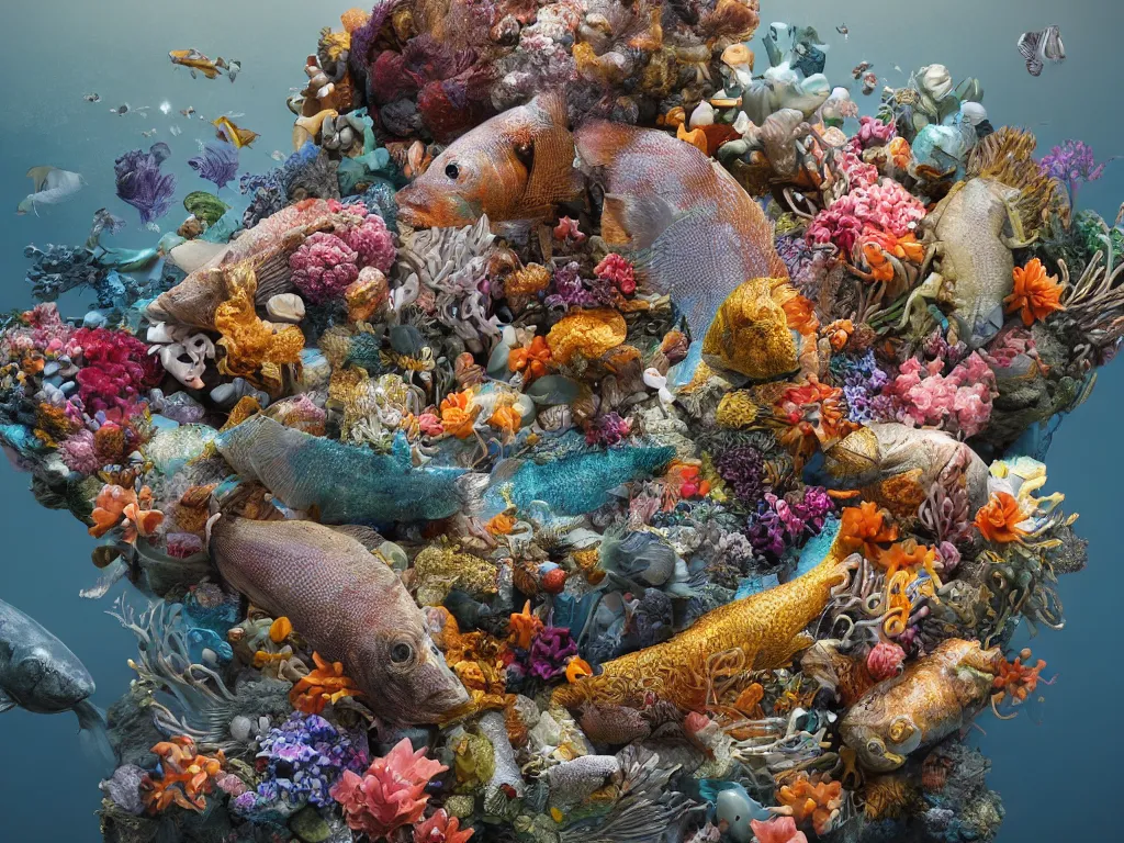 Image similar to a sculpture of fish ocean intertwined, a lovely cornucopia of flowers and human body parts, body parts, highly detailed, octane render, cinematic, shock, sharp focus