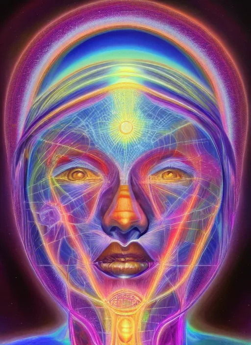 Image similar to humankind transcendence into collaborative intelligence, group intelligence, ai, by alex grey, album cover, award winning, beautiful, colorful, volumetric lighting, trending on artstation