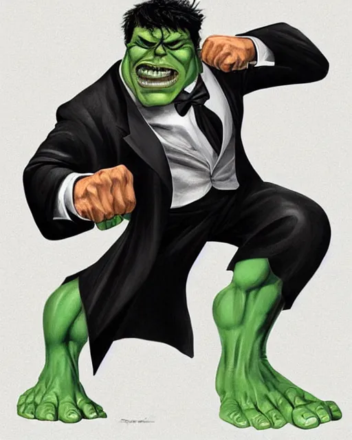 Image similar to hulk in a tuxedo, dapper hulk, fantasy concept art, stunning visuals, creative, cinematic, ultra detailed