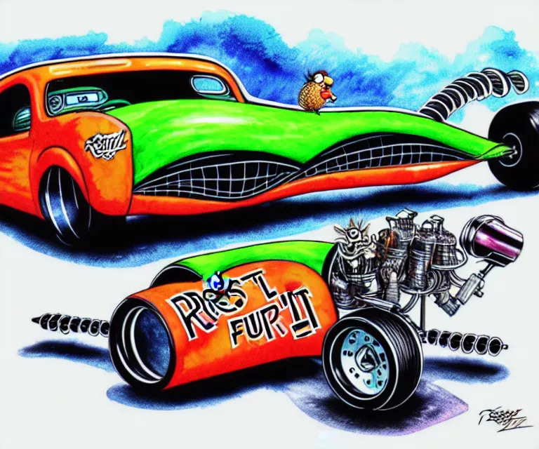 Image similar to roth's drag nut fuel, a pigeon driving a mega - suped - up - hotrod, oversized engine, ratfink style, ed roth, centered, watercolor pen illustration