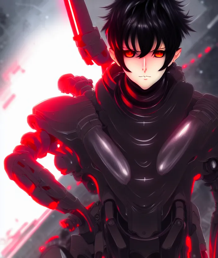 Image similar to a detailed manga illustration character full body portrait of a dark haired cyborg anime man who has a red mechanical eye, trending on artstation, digital art, 4 k resolution, detailed, high quality, sharp focus, hq artwork, insane detail, concept art, character concept, character illustration, full body illustration, cinematic, dramatic lighting