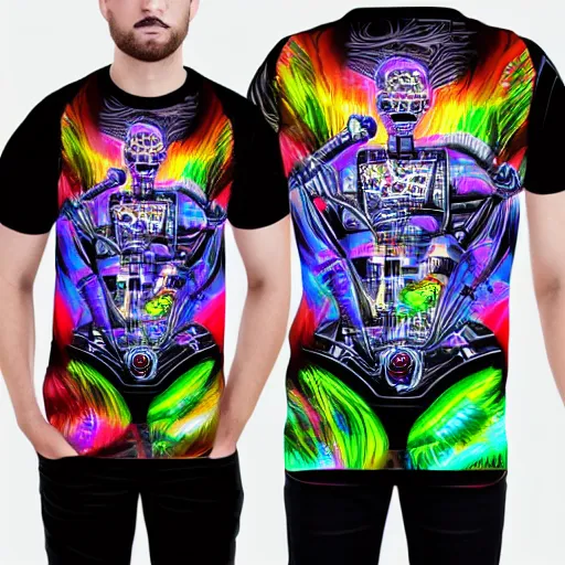 Image similar to mockup of a black tshirt with a hyperdetailed trippy portrait of a atompunk robot by hajime sorayama, 8 k, symetrical, flourescent colors, trippy mood, multicolored,