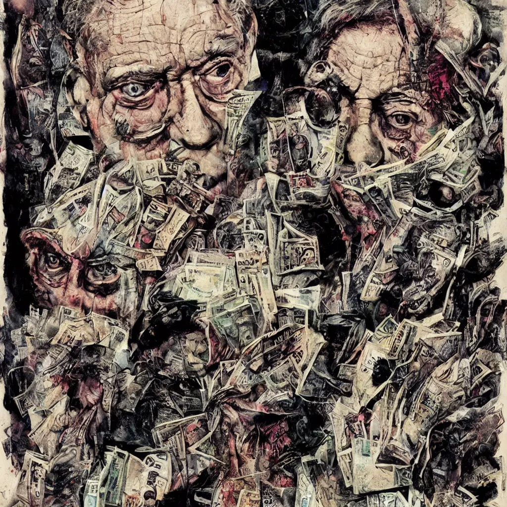 Image similar to George Soros, dollar bills Body horror, biopunk, by Ralph Steadman, Francis Bacon, Hunter S Thompson