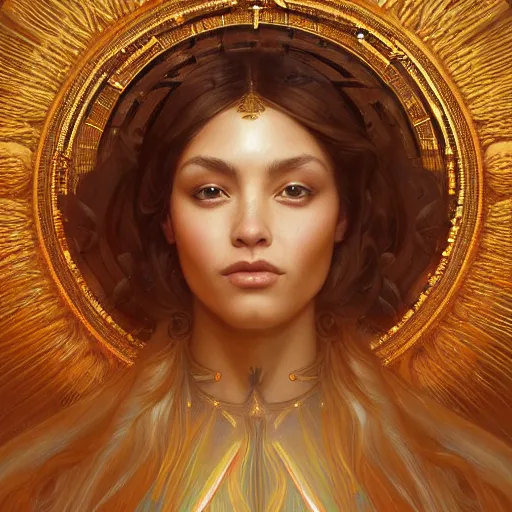 Prompt: perfectly-centered-Portrait of a sun Goddess, intricate, highly detailed, digital painting, artstation, concept art, smooth, sharp focus, illustration, Unreal Engine 5, 8K, art by artgerm and greg rutkowski and alphonse mucha
