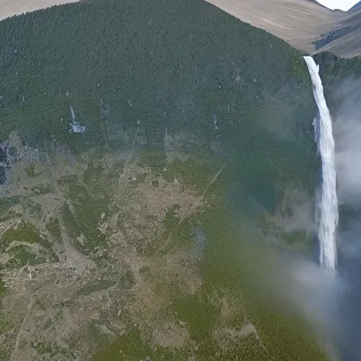 Image similar to very - distant aerial photograph of : a waterfall is falling from the peak of the world's tallest mountain down to a lake surrounded by a city at the base of the mountain. the waterfall is unbelievably tall.