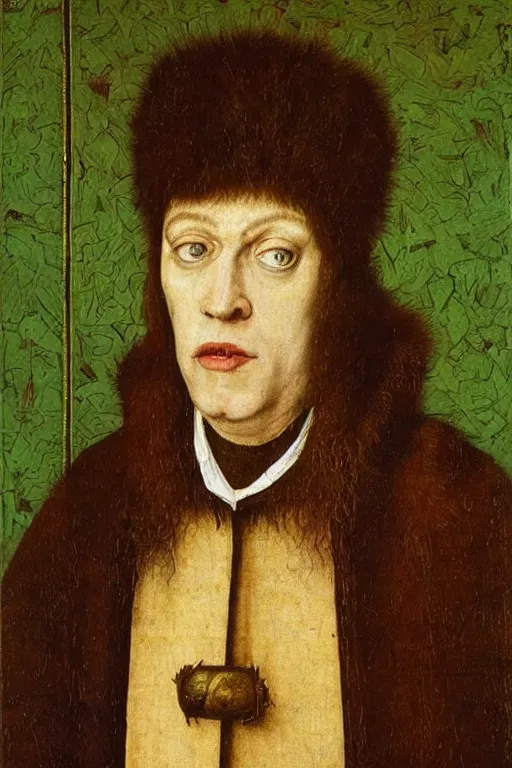 Prompt: portrait of robert smith, oil painting by jan van eyck, northern renaissance art, oil on canvas, wet - on - wet technique, realistic, expressive emotions, intricate textures, illusionistic detail