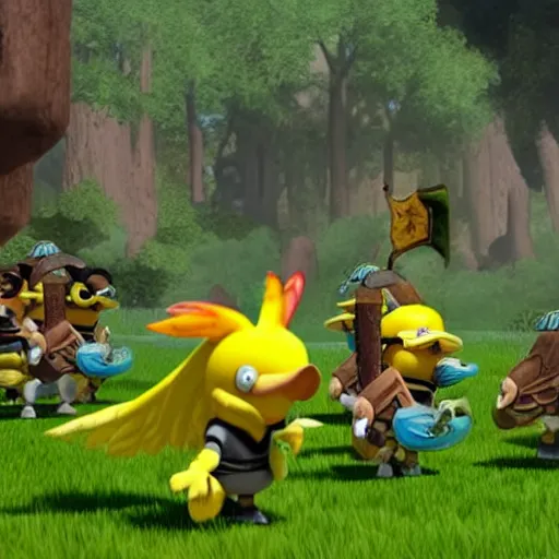 Prompt: link riding an amoured chocobo fighting an army of minions