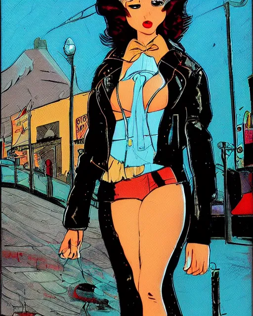 Image similar to young female protagonist in leather jacket, city street, artwork by ralph bakshi