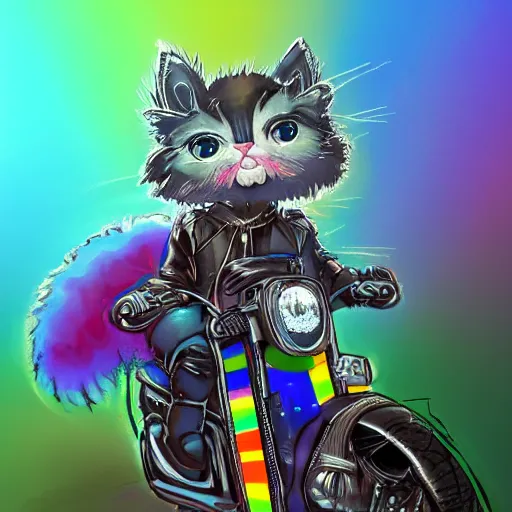 Image similar to wide angle full body, jacket wearing fluffy cute rainbow kitten wearing a black leather motorcycle jacket, riding on a motorcycle, cinematic concept art