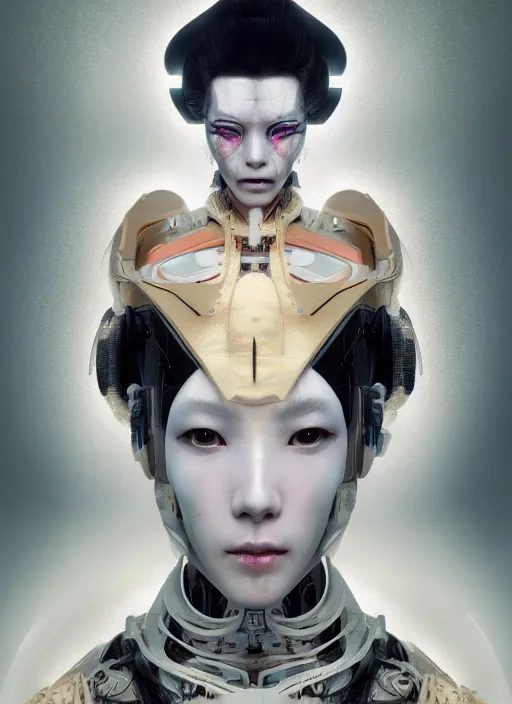 Prompt: portrait of a futuristic geisha cyborg, matte painting, cinematic lighting, unreal engine, in the style of ghost in the shell, kintsugi, modern fine art, fractal, intricate, elegant, highly detailed, digital photography, subsurface scattering, by jheronimus bosch and greg rutkowski,