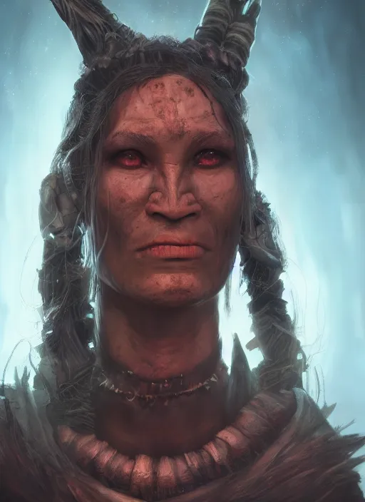 Prompt: A fantasy comic book style portrait painting of a shaman female orc in a atmospheric dark fortress, unreal 5, DAZ, hyperrealistic, octane render, RPG portrait, ambient light, dynamic lighting