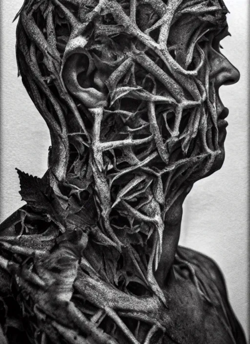 Image similar to a handsome man's face in profile, made of leaf skeleton, in the style of the dutch masters and gregory crewdson, dark and moody