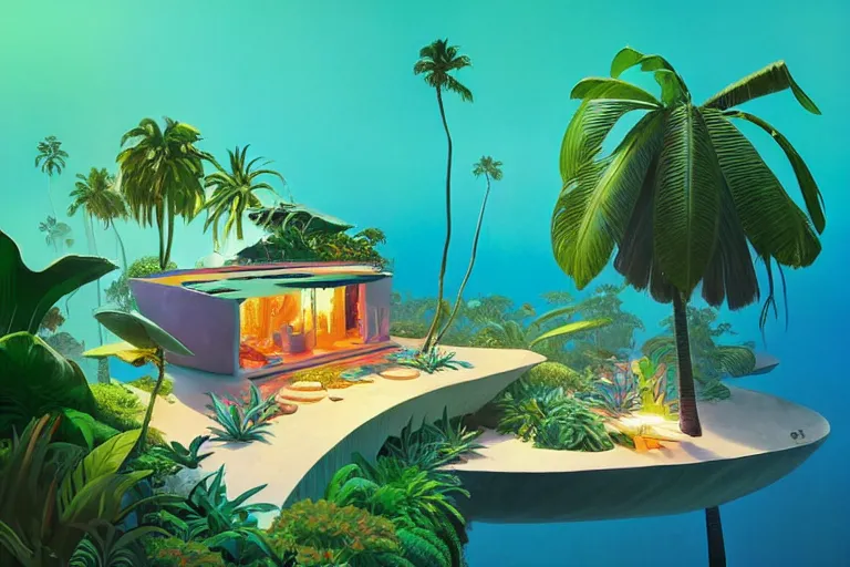 Image similar to a luminescent tropical cottage by paolo eleuteri serpieri and tomer hanuka and chesley bonestell and daniel merriam and tomokazu matsuyama, unreal engine, high resolution render, featured on artstation, octane, 8 k, highly intricate details, vivid colors, vector illustration