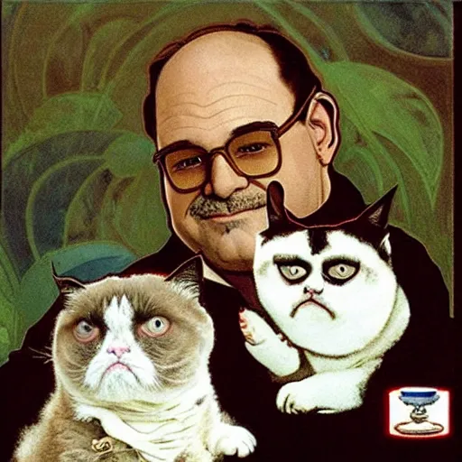 Prompt: “ george costanza holding grumpy cat, sitting on velvet couch, realistic, very detailed, by alphonse mucha ”