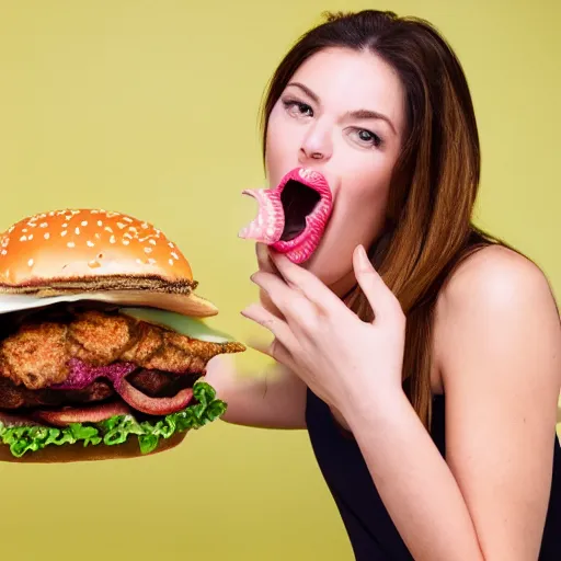 Prompt: realistic studio portrait photo, model eating an absolutely giant hamburger, mouth wide open