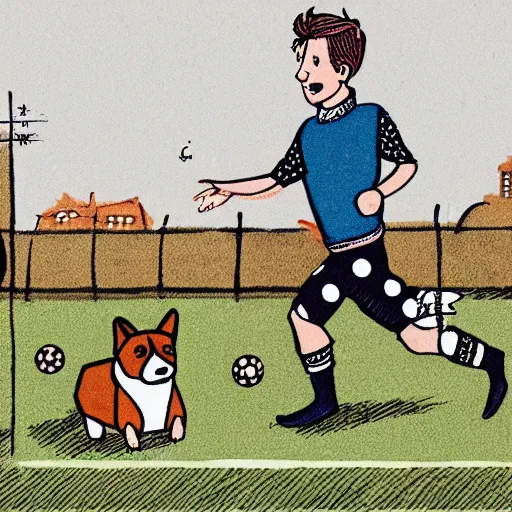 Image similar to illustration of french boy in paris playing football against a corgi, the corgi is wearing a polka dot scarf