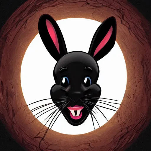 Image similar to A extremely highly detailed majestic hi-res beautiful, highly detailed head and shoulders portrait of a scary terrifying, horrifying, creepy black cartoon rabbit with a bowtie and scary big eyes, earing a shirt laughing, hey buddy, let's be friends, in the style of Walt Disney