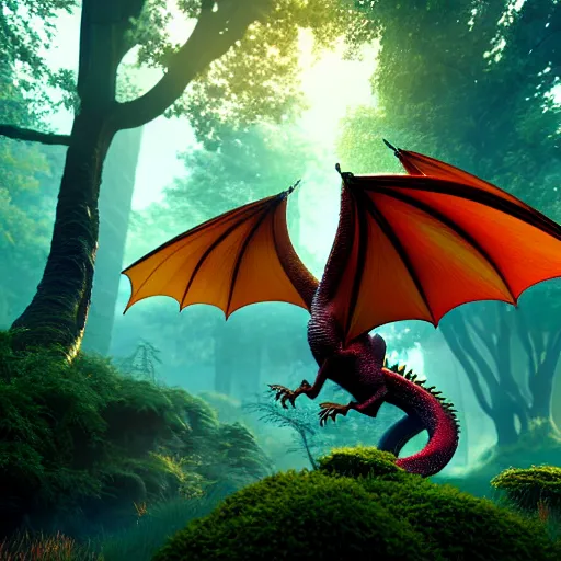 Image similar to a highly detailed crisp unreal engine render of a flying dragon on a bright mystic forest, ling xiang, Etienne Hebinger, Ilya Nazarov, Marcus Whinney, artstation 3D render