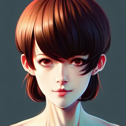 Image similar to youth sean young very slightly smiling, occlusion shadow, specular reflection, rim light, unreal engine, range murata, artstation, pinterest, art by hiroaki samura and ilya kuvshinov and rossdraws, intricate, highly detailed 8 k, art deco illustration, extremely beautiful shape of face, neck, shoulders eyes