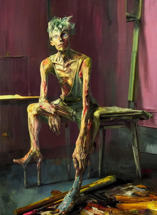 Image similar to an insane, skinny, artist wearing dirty, torn overalls, expressive painting, inside a grand messy studio, depth of field, hauntingly surreal, highly detailed oil painting, by francis bacon, edward hopper, adrian ghenie, glenn brown, soft light 4 k in pink, green and blue colour palette, cinematic composition, high quality octane render, masterpiece