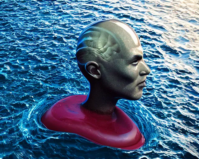 Image similar to a giant sculpture made out of inflatable pool toys in a human head shape, on the surface of the ocean, in the style of chad knight, long shot, hyper detailed, hyper realistic, ray tracing, 8 k resolution, sharp focus, realistic water, award winning sculpture