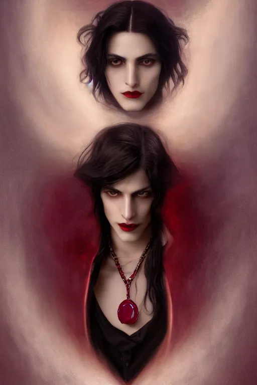 Image similar to a beautiful androgynous man, long thick dark hair, deep brown eyes, vampire, dressed in velvet, wearing a ruby pendant, illustration, dramatic lighting, soft details, painting oil on canvas, art nouveau, octane render, HDR, 4k, 8k, HD, by Edmund Blair Leighton, Brom, Charlie Bowater, faces by otto schmidt