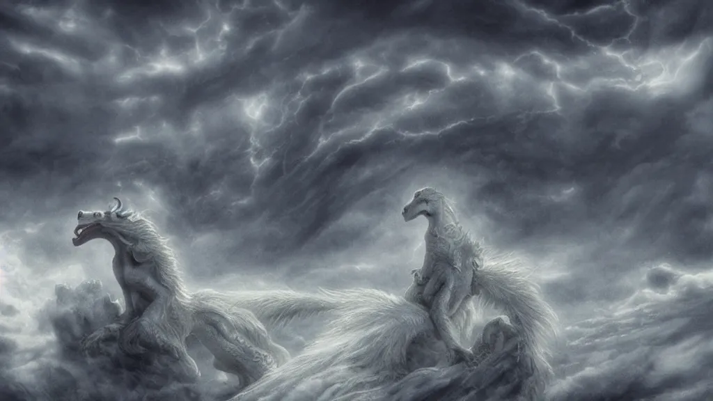 Image similar to falcor the long - bodied luck dragon flying through an epic storm called the nothing. the neverending story. rutkowski. melancholy undertones. deviantart. artstation. 3 8 4 0. 2 1 6 0.