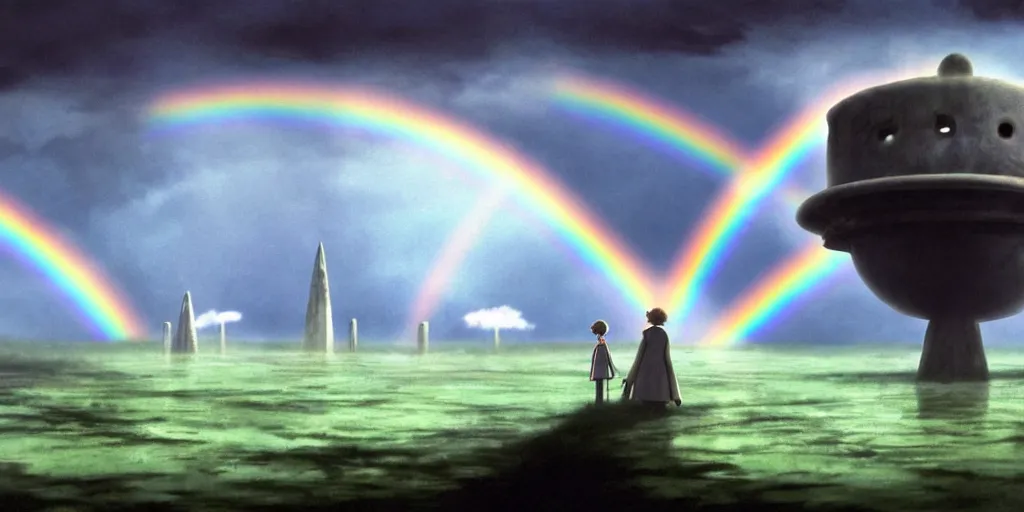 Prompt: a realistic and atmospheric cell - shaded concept art from howl's moving castle ( 2 0 0 4 ) of a rainbow colored ufo landing on the ground. a grey monk is standing in a futurist sci - fi city that looks like stonehenge in a flooded rainforest. it is a misty starry night. very dull muted colors, hd, 4 k, hq