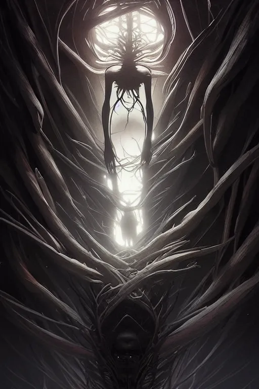 Prompt: professional concept art symmetrical portrait of a ominous floating!! organic terrifying!! species thing in a dark room by artgerm and greg rutkowski. an intricate, elegant, highly detailed digital painting, concept art, smooth, sharp focus, illustration, in the style of cam sykes.