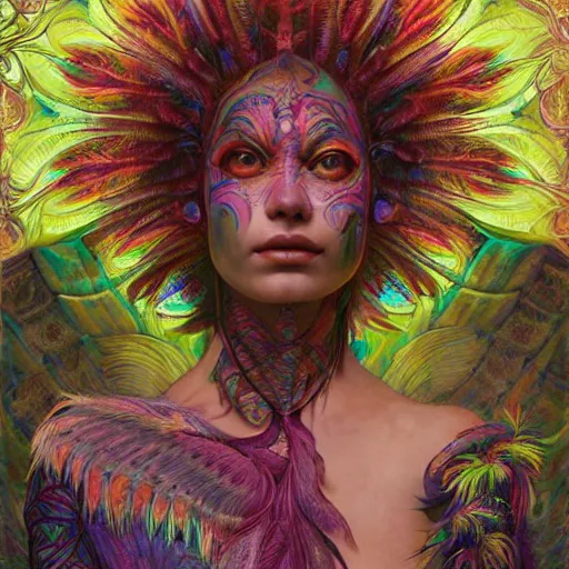 Prompt: A reality bending psychedelic ayahuasca experience, colorful, face painting, distorted, surreal, tropical bird feathers, dramatic lighting on the face, intricate, elegant, highly detailed, digital painting, concept art, smooth, sharp focus, illustration, art by Krenz Cushart and Wayne Barlowe and alphonse mucha