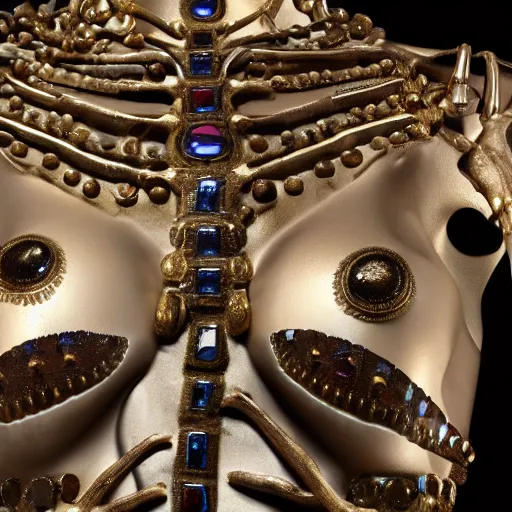 Image similar to female torso and head in curved position with visible gems inlaid in skin with anatomic description, antique style, skeleton, gems, cameo, gold, 8k, details, studio lighting, realism, complex lights