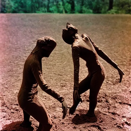 Prompt: melting dancers made of clay and mud on a tanztheater of nature, ultradetailled, ektachrome,