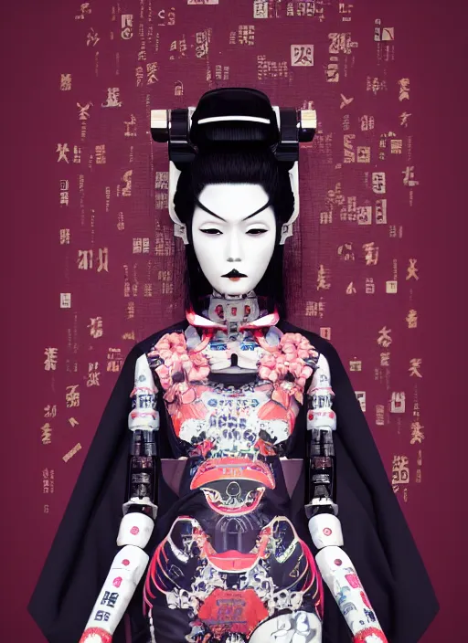 Image similar to full body portrait of a gothic japanese robot geisha with kanji tattoos and decals wearing a digital pixelated kimono, intricate design, photorealistic, octane render, raytraced, ultra fine detailed, character design, trending on artstation