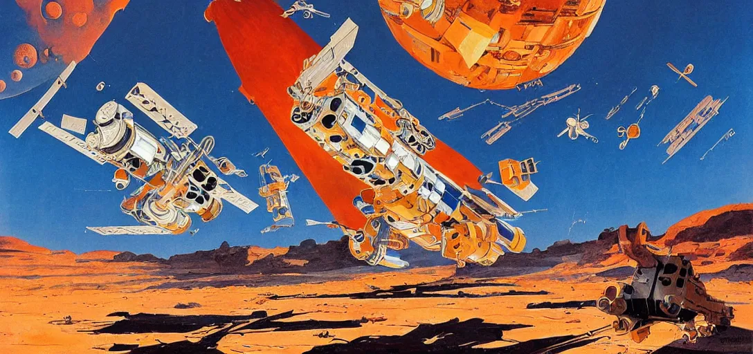 Prompt: a boxy! spacecraft!! flying over a desert landscape! on another planet!!!, by robert mccall