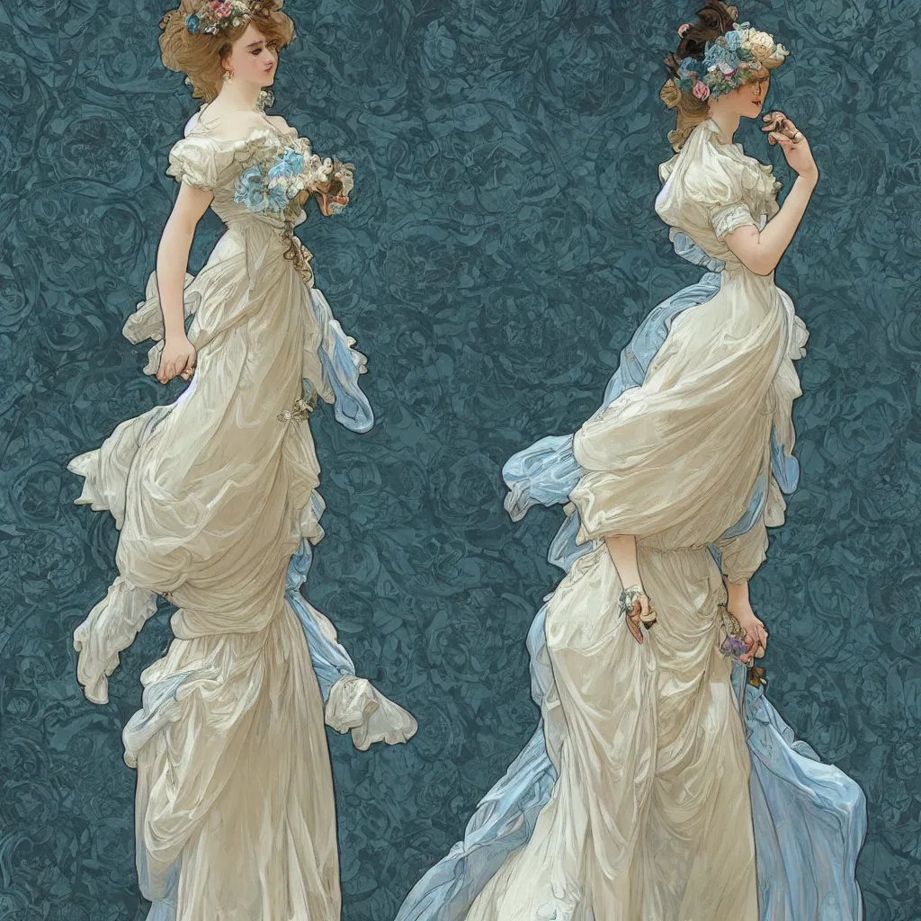 Image similar to lady dressed in a vaporous wrapped large victorian cream roses silk semi-transparent blue and cream dress fashion is running D&D, fantasy, intricate, elegant, highly detailed, digital painting, artstation, concept art, matte, sharp focus, illustration, art by and Alphonse Mucha