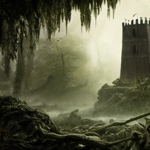 Image similar to full body pose, hyperrealistic photograph of the black keep of rotbog swamp, dim volumetric lighting, 8 k, octane beautifully detailed render, extremely hyper detailed, intricate, epic composition, cinematic lighting, masterpiece, trending on artstation, very very detailed, stunning, hdr, smooth, sharp focus, high resolution, award, winning photo, dslr, 5 0 mm