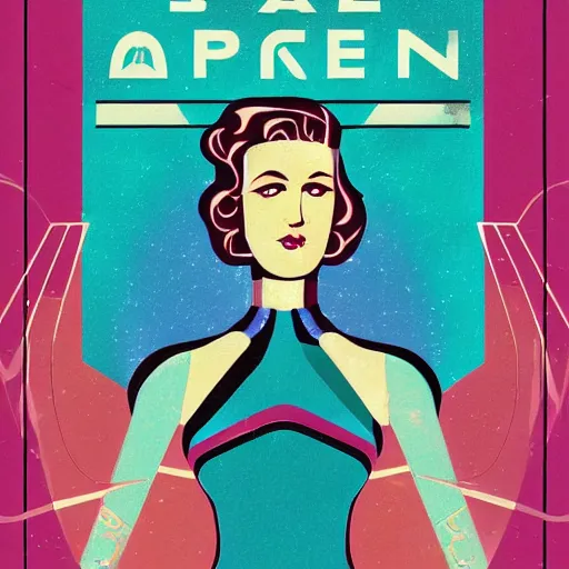 Prompt: art deco of a space woman, teal palette, random, modern, adult sci-fi novel cover