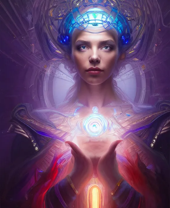 Image similar to a whirlwind of souls rushing inside the metaverse, half body, glowin eyes, tiara with sapphire, pharaoh, android, cyberpunk, d & d, fantasy, intricate, elegant, highly detailed, colorful, vivid color, digital painting, artstation, concept art, art by artgerm and greg rutkowski and alphonse mucha and ruan jia