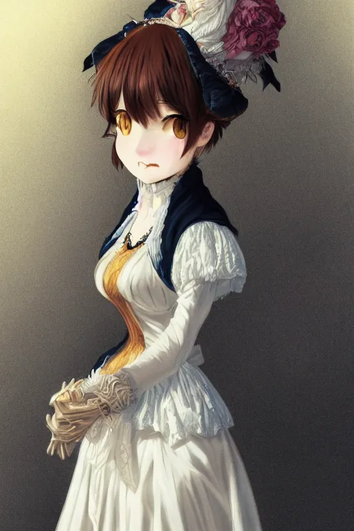 Image similar to portrait of a calico cat wearing victorian dress, fursona, furry art, anthro, detailed fur, detailed dress, delicate, pure, portrait, makoto shinkai