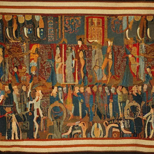 Prompt: ancient tapestry of an absolutely chaotic nightclub scene